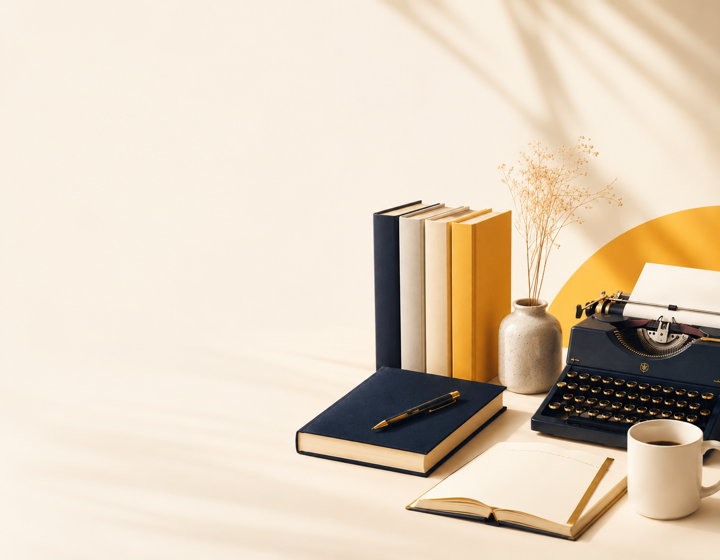 Manuscript, typewriter and books on a writer's desk